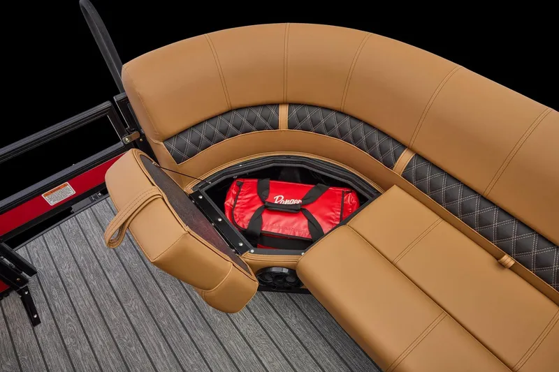 Slide: The Image of 2026 Ranger 223FC boat interior with gray seating and storage compartments. - 8