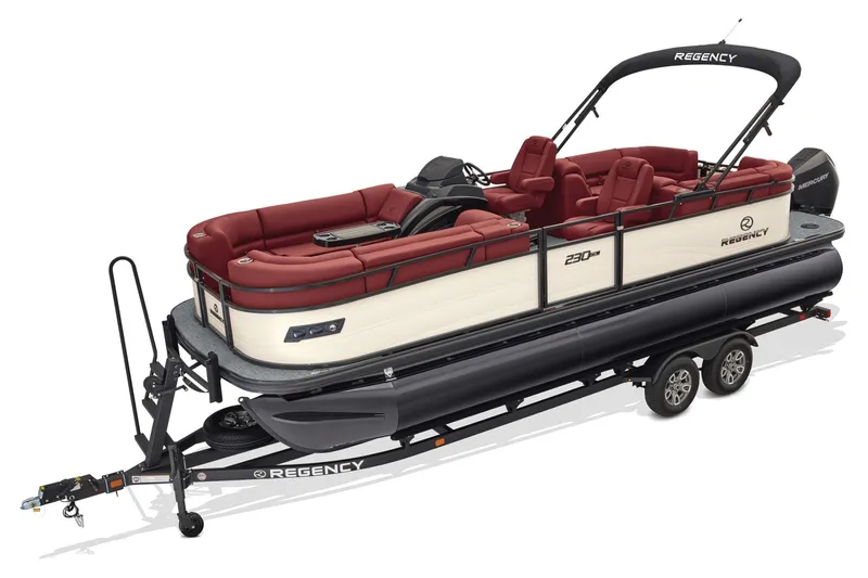 Slide: The Image of 2026 Regency 230 DL pontoon boat with red seating on a trailer. - 51