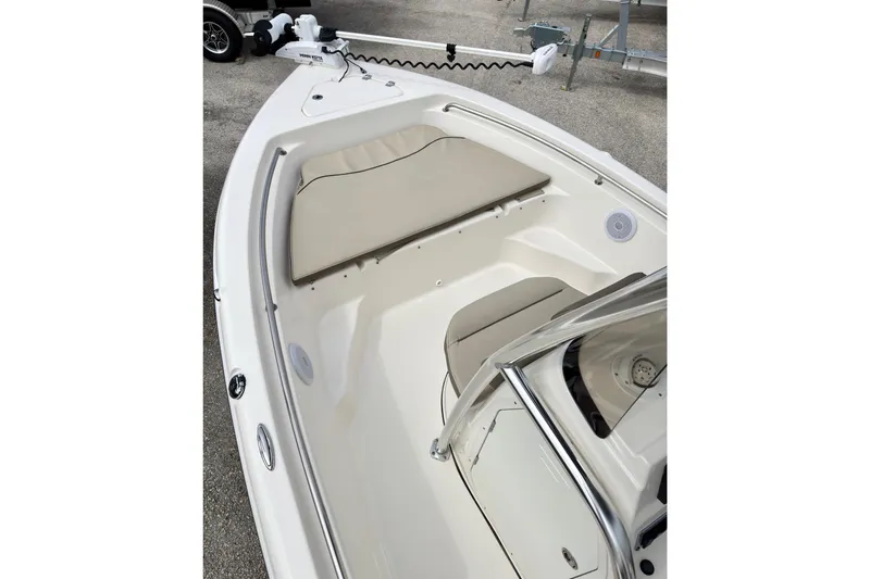 Slide: The Image of 2023 Key West 189 FS boat interior with seating and trolling motor. - 4