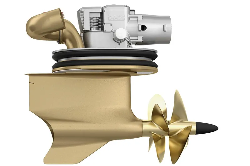 Slide: The Image of Custom Carolina 34 2012 boat engine component, featuring a gold propeller and metallic housing. - 27