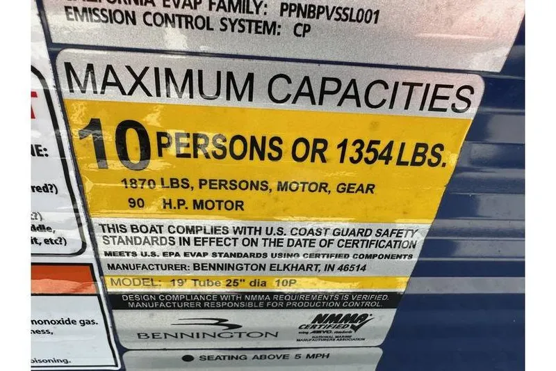 Slide: The Image of 2023 Bennington 20 SVL capacity label: 10 persons or 1354 lbs, 90 HP motor. - 23