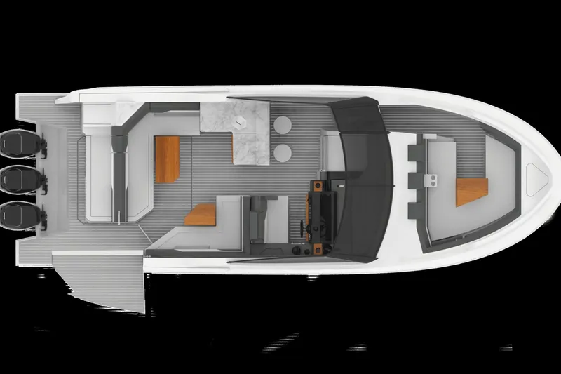 Slide: The Image of Top view of 2022 Cruisers Yachts 38 GLS OB layout, featuring spacious seating and triple outboard engines. - 45