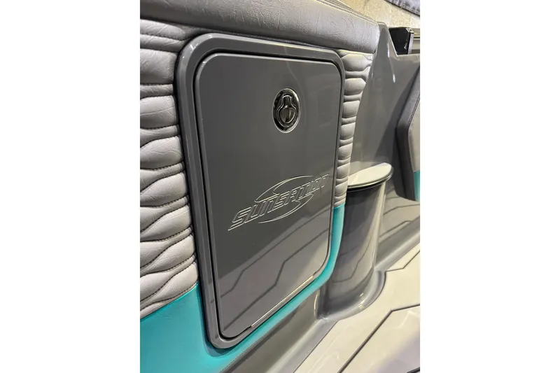 Slide: The Image of 2026 Sunsation 34 CCX boat interior detail with sleek design and logo. - 21