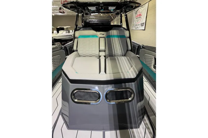 Slide: The Image of 2026 Sunsation 34 CCX boat interior with modern seating and sleek design. - 28