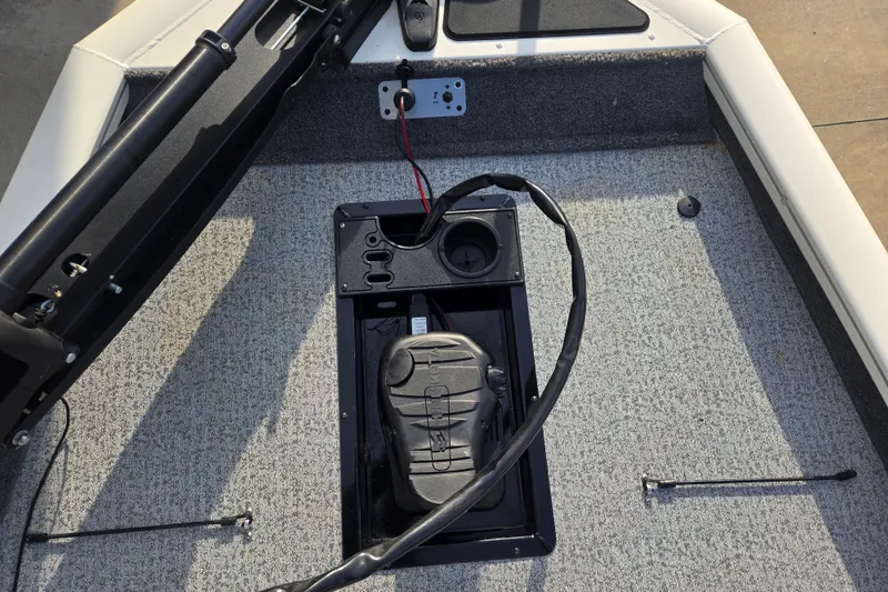 Slide: The Image of 2020 Tracker Pro Team 190 TX Tournament Edition boat deck with pedal and wiring. - 9