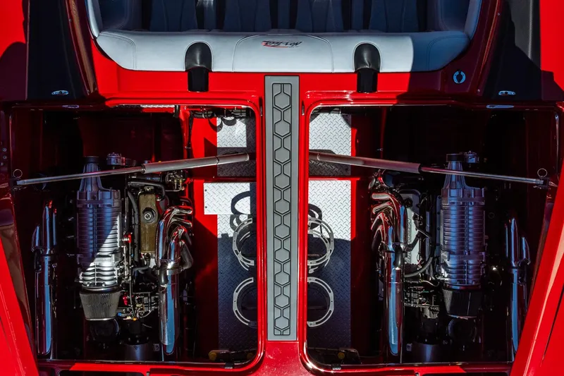 Slide: The Image of Engine compartment of a 2008 Nor-Tech 3600 Supercat, showcasing dual high-performance engines. - 11