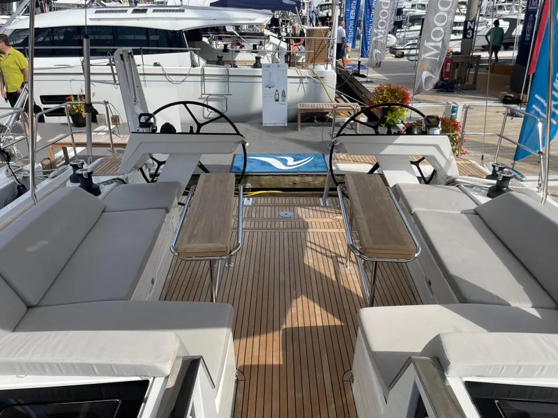 Slide: The Image of 2023 Hanse 460 yacht deck with dual steering wheels and seating area. - 5