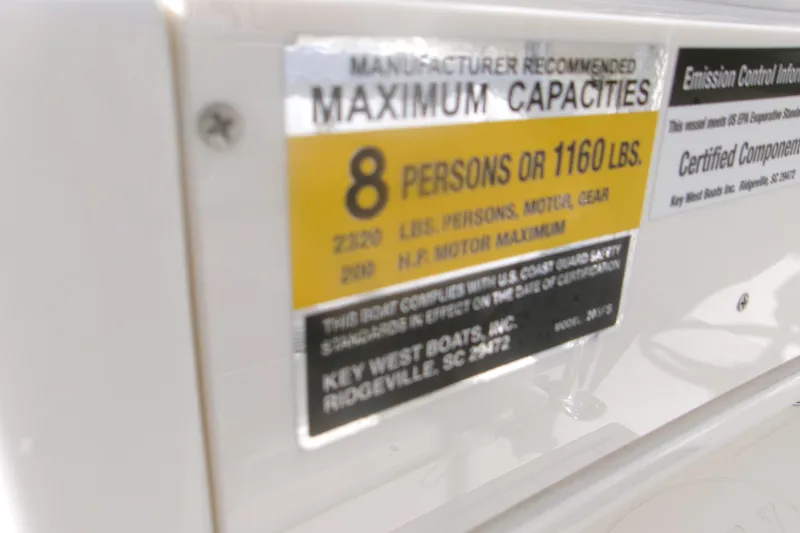 Slide: The Image of Capacity label on 2026 Key West 203 FS boat, max 8 persons or 1160 lbs. - 7