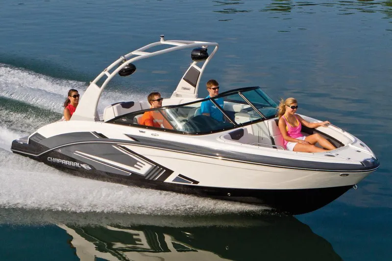 Slide: The Image of Manufacturer Provided Image: 2015 Chaparral Vortex 223 VRX speedboat cruising on water with passengers. - 3