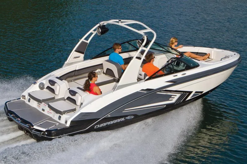 Slide: The Image of Manufacturer Provided Image: 2015 Chaparral Vortex 223 VRX speedboat cruising on water with passengers. - 4
