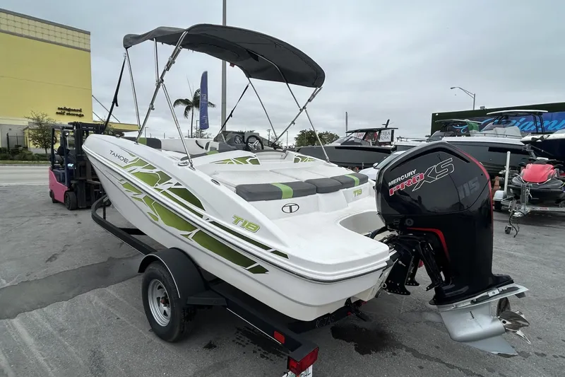 Slide: The Image of 2022 Tahoe T18 boat with Mercury Pro XS engine on trailer. - 42