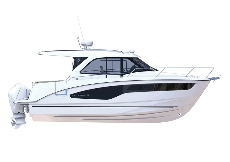 Slide: The Image of 2025 Beneteau Antares 9 boat, sleek design, side view, white hull, modern cabin cruiser. - 25