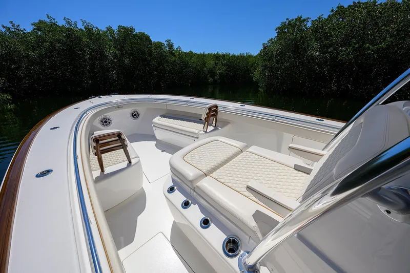 Slide: The Image of Luxurious 2025 Valhalla V-37 boat interior with plush seating and sleek design. - 16