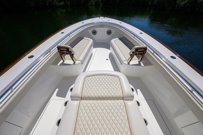 Slide: The Image of Luxurious 2025 Valhalla V-37 boat interior with elegant seating and sleek design. - 17