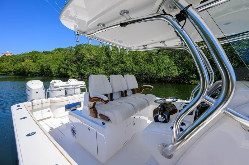 Slide: The Image of 2025 Valhalla V-37 boat interior with luxurious seating and sleek design. - 30