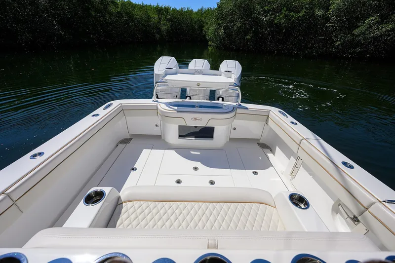 Slide: The Image of Luxurious 2025 Valhalla V-37 boat interior with sleek seating and modern design. - 32