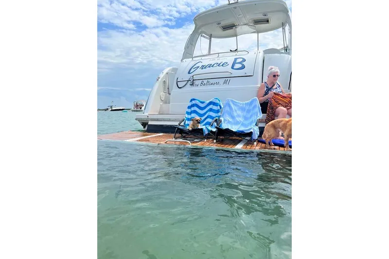 Slide: The Image of 2006 Formula 40 Performance Cruiser on water with person and dogs relaxing on deck. - 6