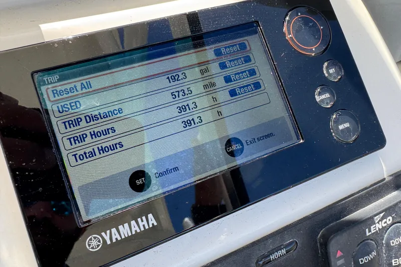 Slide: The Image of Yamaha display showing trip data on 2012 Edgewater 245CX Crossover boat. - 22