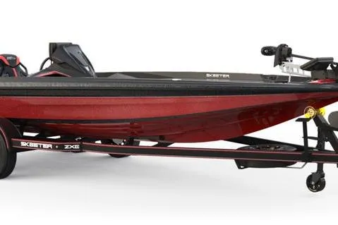 The Image of 2026 Skeeter ZXE20 bass boat in sleek red and black design on trailer. - 1
