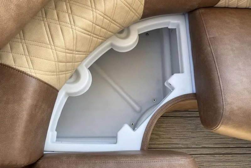 Slide: The Image of Luxurious seating detail in 2026 Premier 330 Escalante boat, featuring quilted leather upholstery. - 50