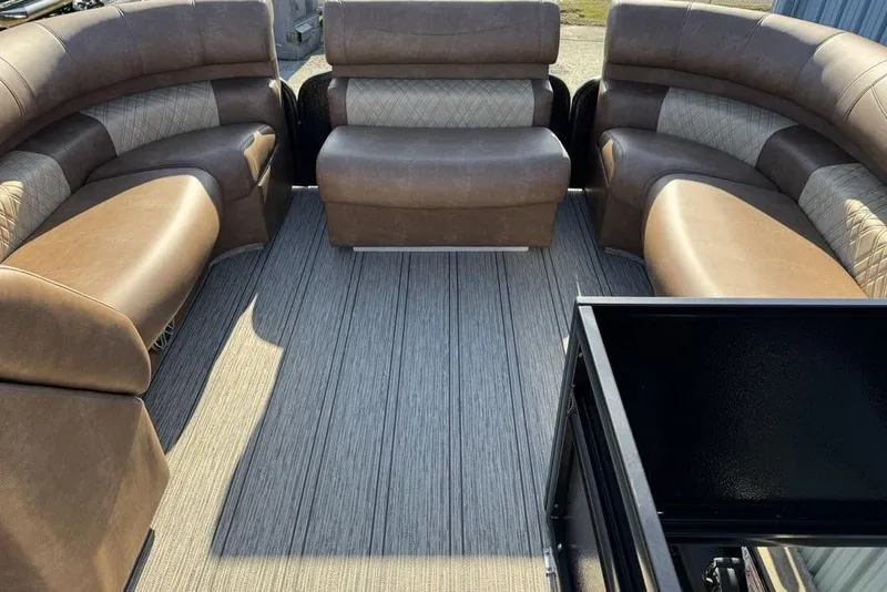 Slide: The Image of Luxurious interior of 2026 Premier 330 Escalante pontoon boat with plush seating. - 75