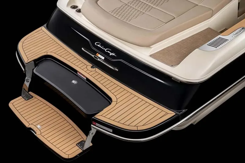Slide: The Image of Manufacturer Provided Image: 2025 Chris-Craft Sportster 28 boat with elegant teak swim platform and luxurious seating. - 11