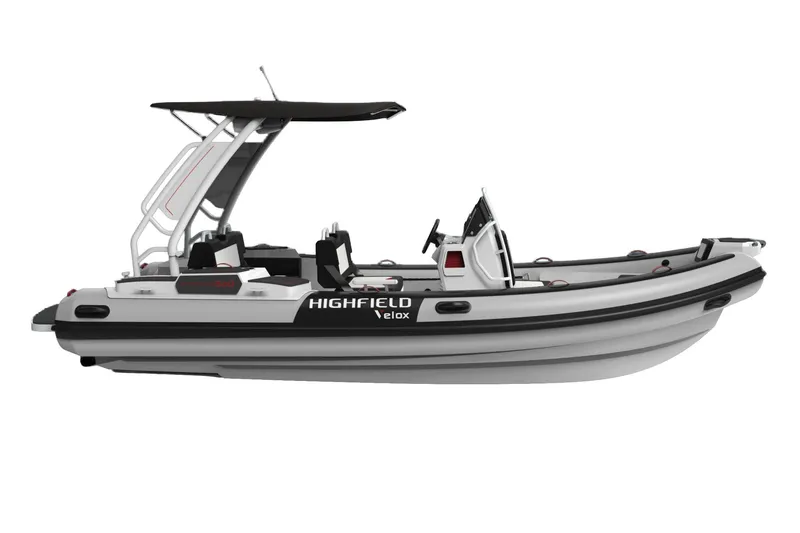Slide: The Image of Manufacturer Provided Image: Highfield VELOX 560 boat, 2025 model, sleek design with canopy and modern features. - 14