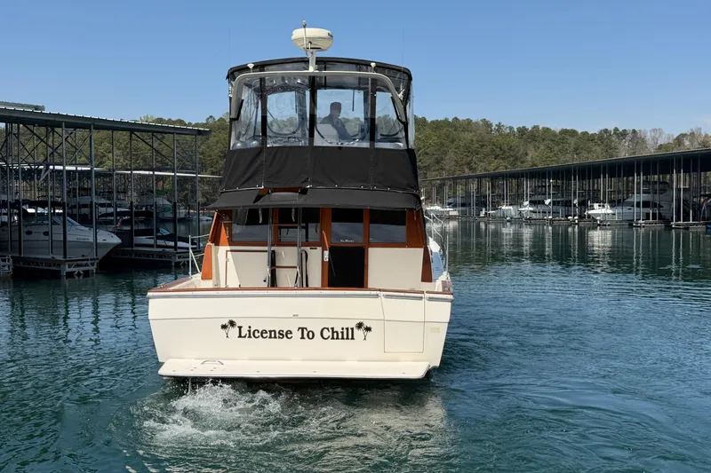 Slide: The Image of Bayliner 3888 MY Sedan 1994 boat named "License To Chill" on a calm lake. - 21