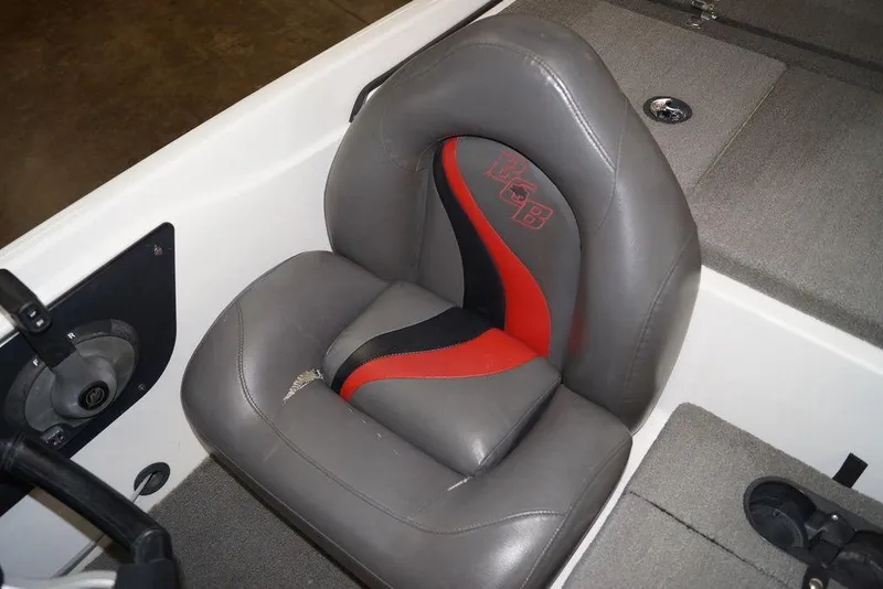 Slide: The Image of 2018 Bass Cat Pantera II boat seat with gray and red upholstery. - 15