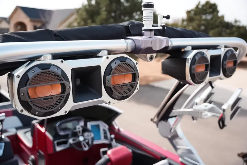 Slide: The Image of 2019 MasterCraft X24 boat with premium audio speakers on tower. - 21