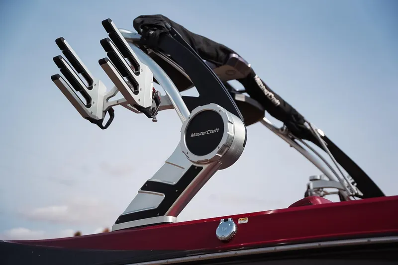 Slide: The Image of 2019 MasterCraft X24 wakeboard tower against blue sky. - 26
