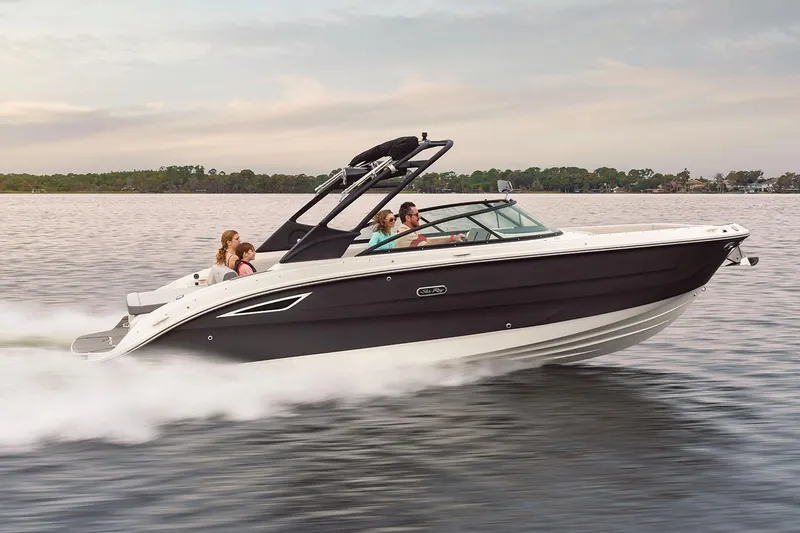 Slide: The Image of Manufacturer Provided Image: 2025 Sea Ray SDX 270 boat cruising on a calm lake with passengers. - 4