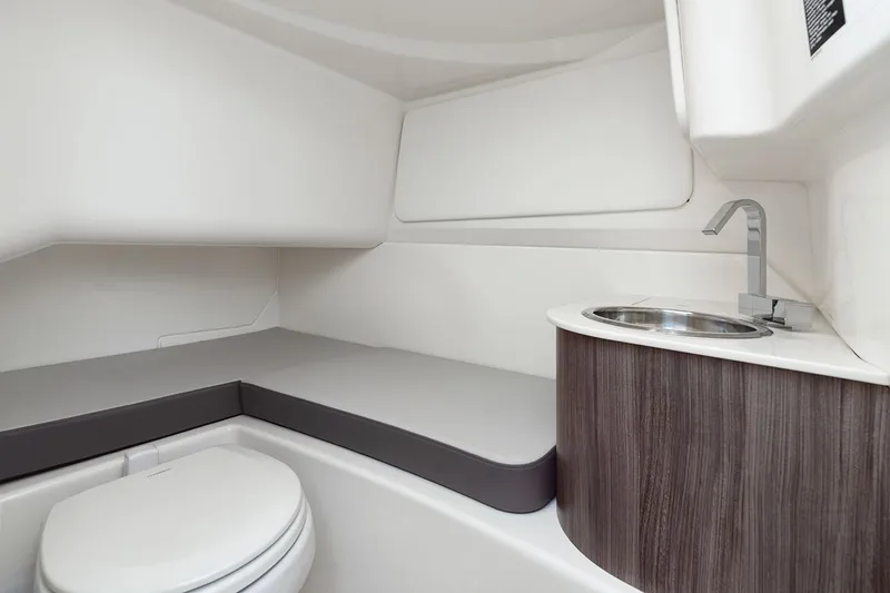 Slide: The Image of Manufacturer Provided Image: 2025 Sea Ray SDX 270 interior with compact bathroom and sink. - 7