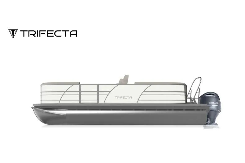 Slide: The Image of 2026 Trifecta 20CLE pontoon boat with Yamaha outboard motor, side view. - 12