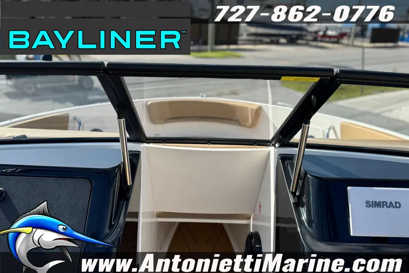 Slide: The Image of Bayliner V20 2026 boat interior with windshield, featuring Antonietti Marine branding and contact details. - 25