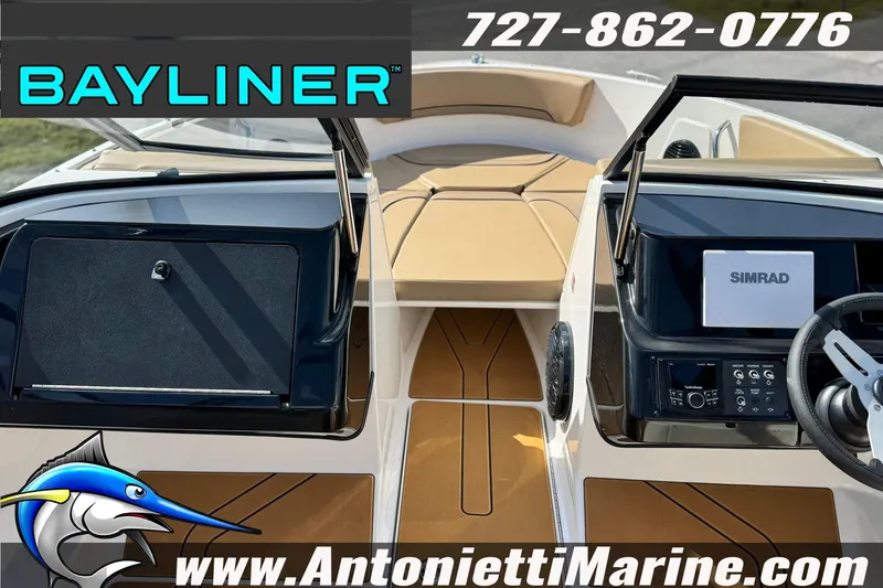 Slide: The Image of 2026 Bayliner V20 boat interior with Simrad navigation, tan seating, and Antonietti Marine branding. - 28