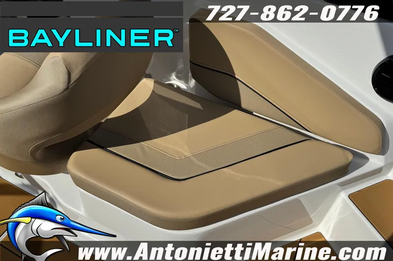 Slide: The Image of 2026 Bayliner V20 boat seat with tan upholstery, featuring Antonietti Marine branding. - 31