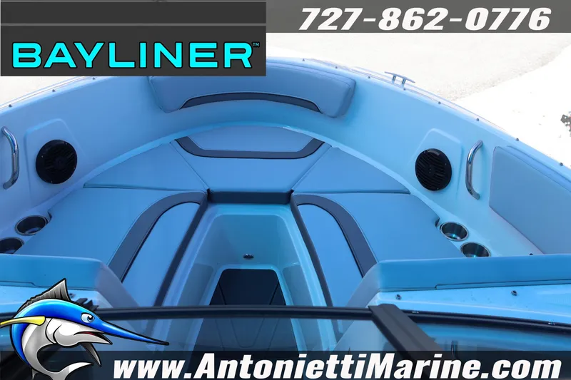 Slide: The Image of 2026 Bayliner V20 boat interior with seating, speakers, and cup holders. Visit AntoniettiMarine.com. - 10