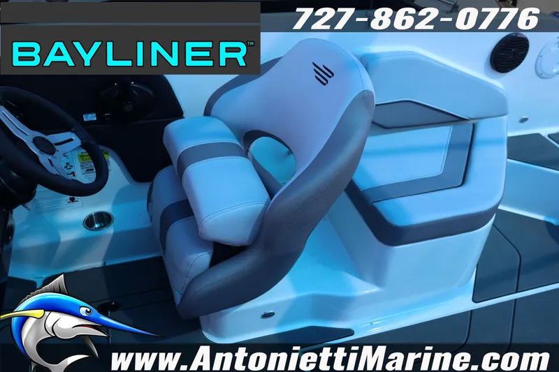 Slide: The Image of 2026 Bayliner V20 boat interior with steering wheel and seating, Antonietti Marine branding. - 12