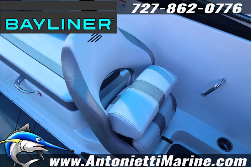 Slide: The Image of 2026 Bayliner V20 boat interior with seating, contact info, and Antonietti Marine branding. - 14