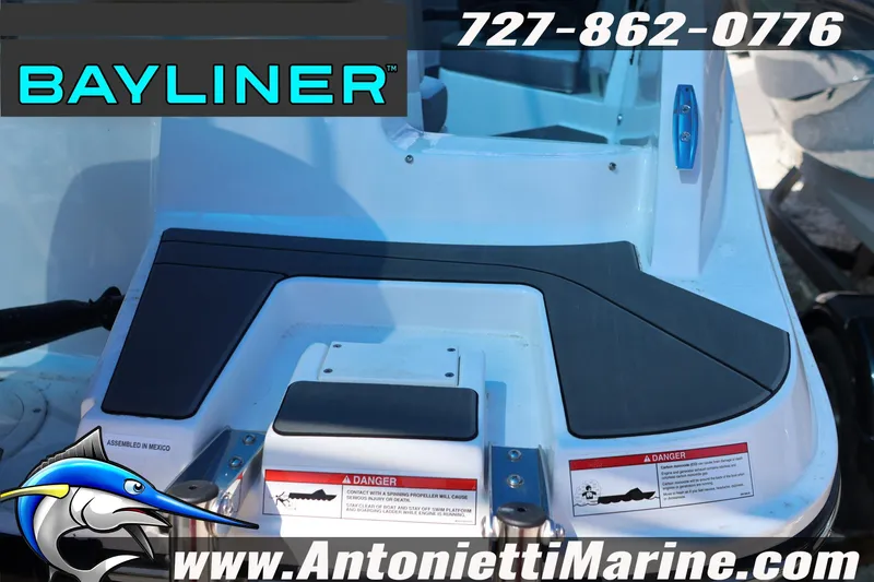Slide: The Image of 2026 Bayliner V20 boat deck with logo and contact information. - 4