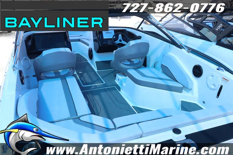 Slide: The Image of 2026 Bayliner V20 boat interior with seating and steering wheel, Antonietti Marine branding. - 5