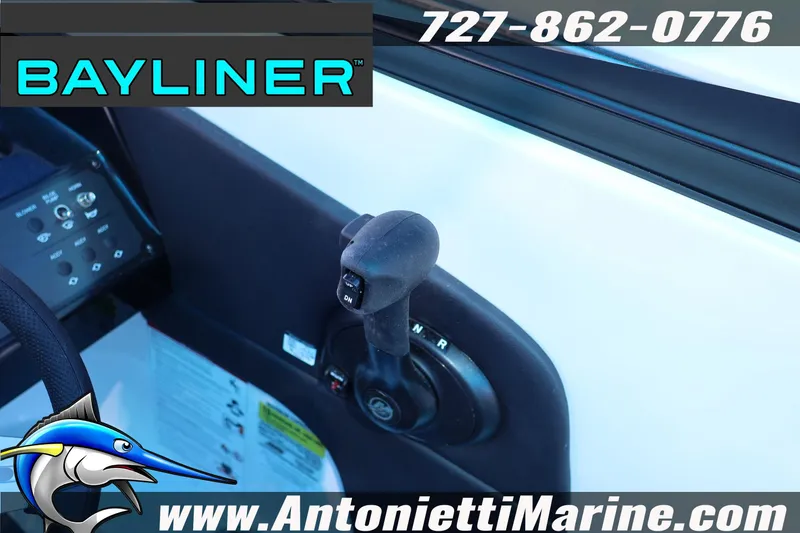 Slide: The Image of 2026 Bayliner V20 boat throttle control with branding and contact information. - 8