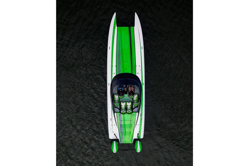 Slide: The Image of Overhead view of 2025 Performance Powerboats P360 in vibrant green and white on water. - 10