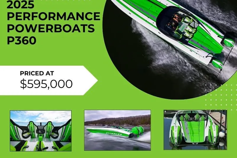 Slide: The Image of 2025 Performance Powerboats P360, vibrant green design, priced at $595,000. - 4