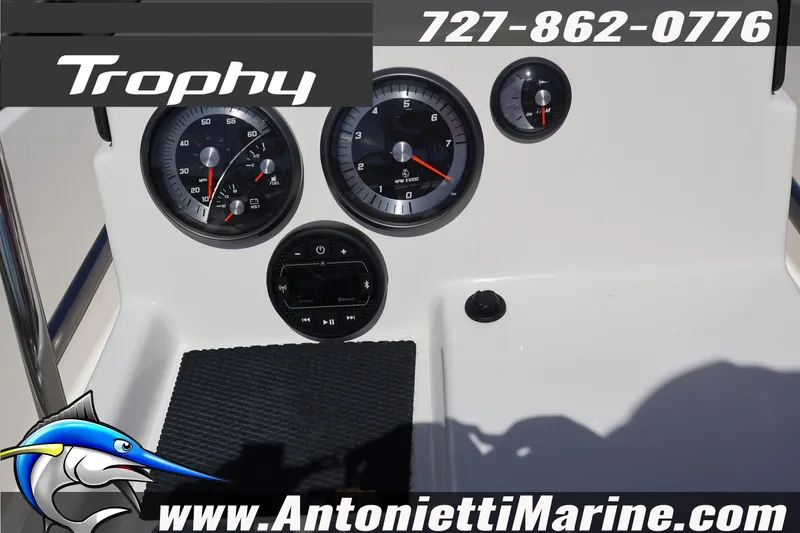 Slide: The Image of 2026 Bayliner Trophy T18 dashboard with gauges and controls, featuring Antonietti Marine branding. - 8
