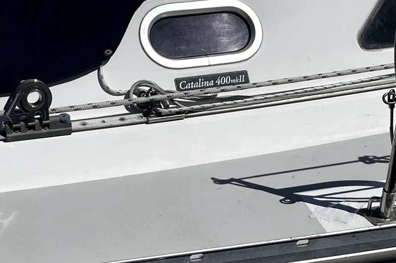 Slide: The Image of Close-up of a 2006 Catalina 400 MkII sailboat deck with rigging details. - 15