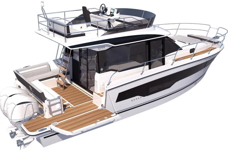 Slide: The Image of 2026 Jeanneau NC 1095 Fly Series 2 boat with flybridge and twin outboard motors. - 22