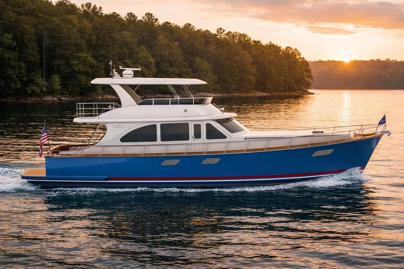 The Image of 2027 Vicem 62 Flybridge yacht cruising at sunset on a serene lake. - 1