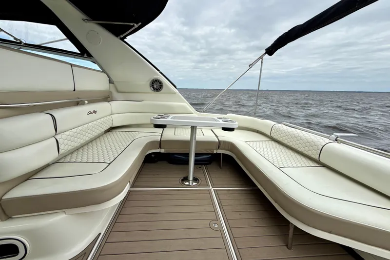 Slide: The Image of Luxurious 1995 Sea Ray Sundancer 370 boat interior with elegant seating and ocean view. - 19